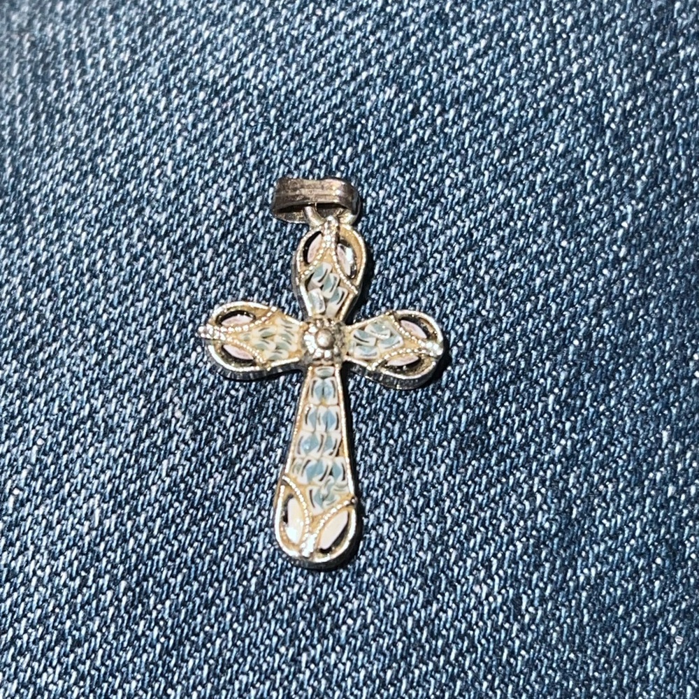 Silver-Tone Miniature Mosaic Filigree Cross Pendant Necklace